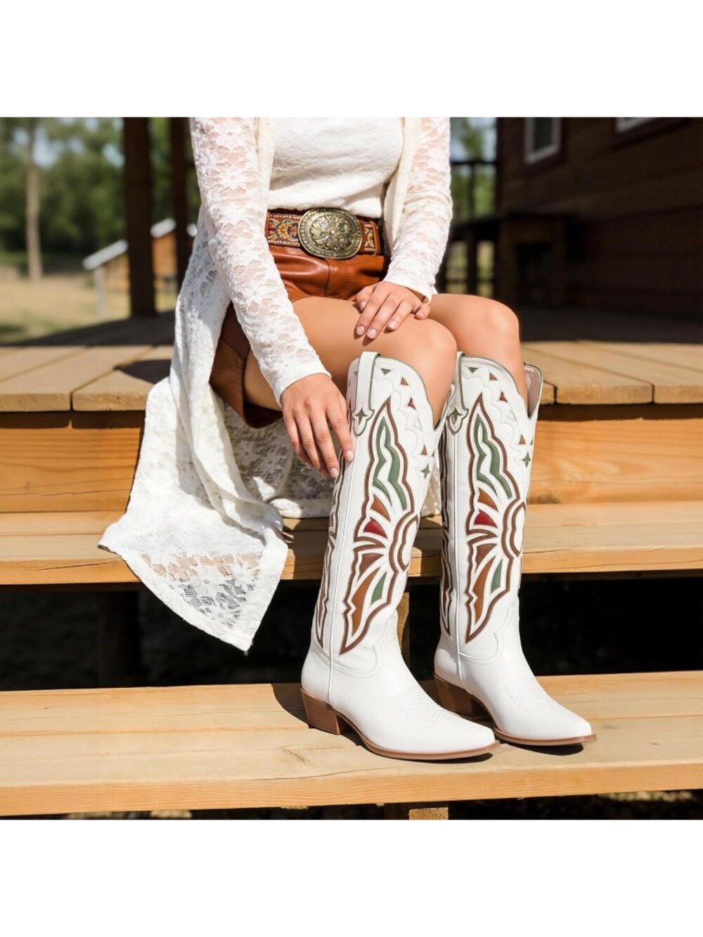 Women B-white Leather Knee High Chunky Butterfly Cowgirl Calf Pointed Toe Boot - Picture 2 of 6
